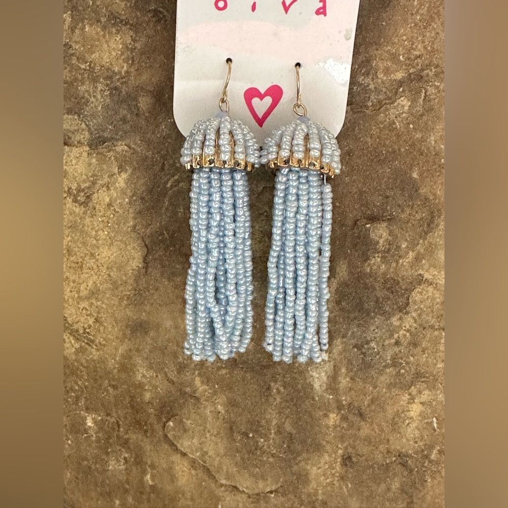 Gold Blue Bead Tassel Dangle Earrings - Picture 7 of 9